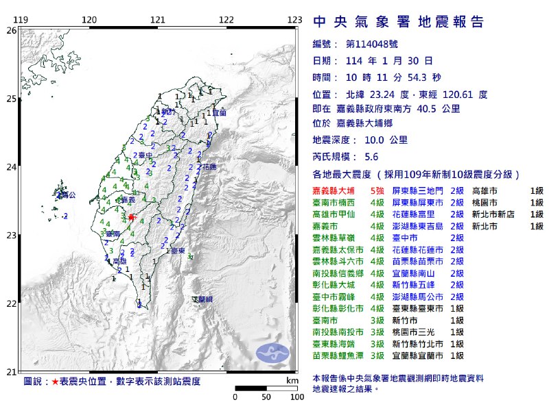 台湾嘉义县30日10:11发生5.6级地震，震源深度10千米，录得最大震度5强，在嘉义县大埔