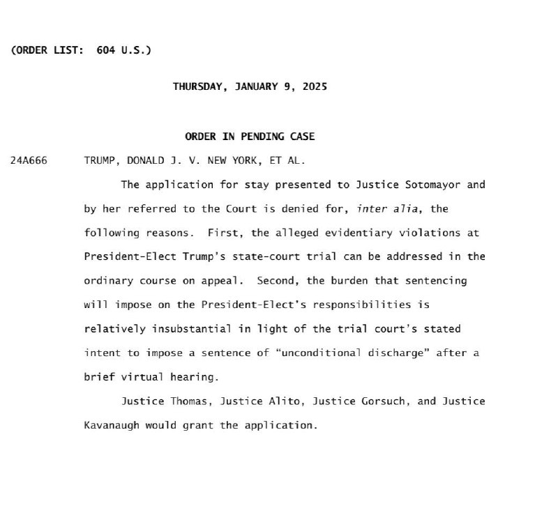 美国最高法院9日以5-4的投票结果拒绝了当选总统特朗普推迟纽约州封口费一案判刑的紧急申请