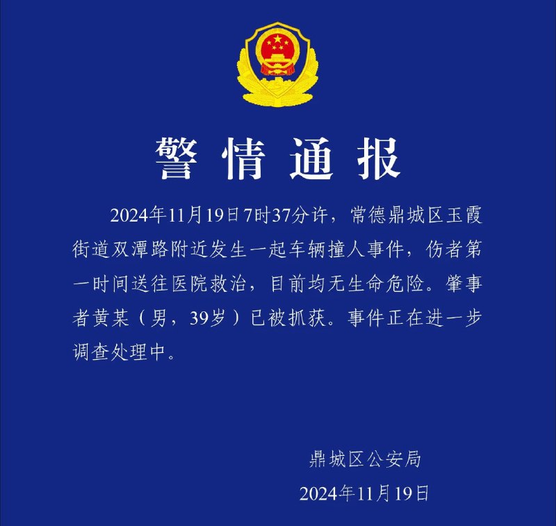 湖南常德，鼎城区永安小学11月19日7:37被人驾车冲击，有学生、家长、保安受伤倒地，校门口石墩被撞飞